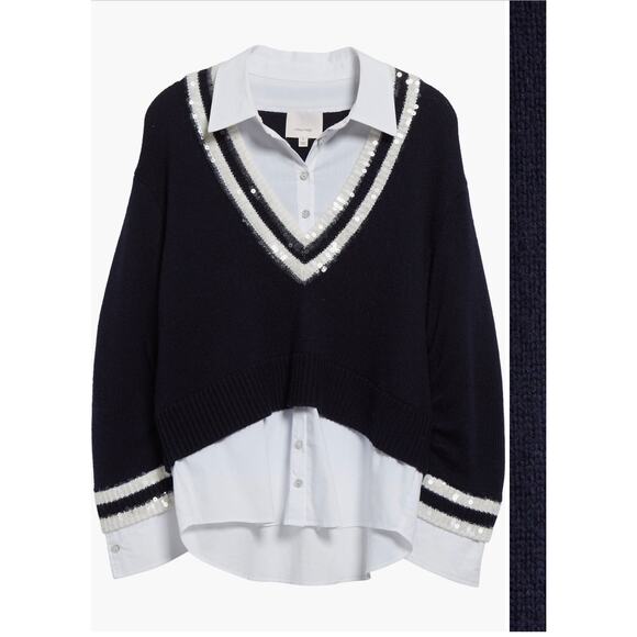 Cinq à Sept Sequin Stripe Deep V
Santina woman’s Top Navy White medium - Picture 1 of 4